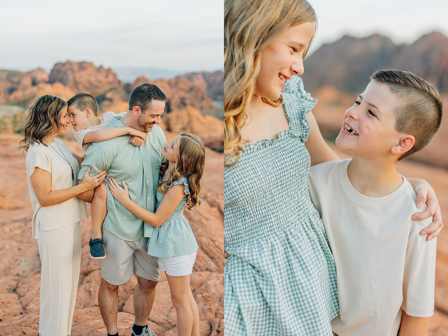 Candid family moments captured in a series of joyful interactions against red rock cliffs.