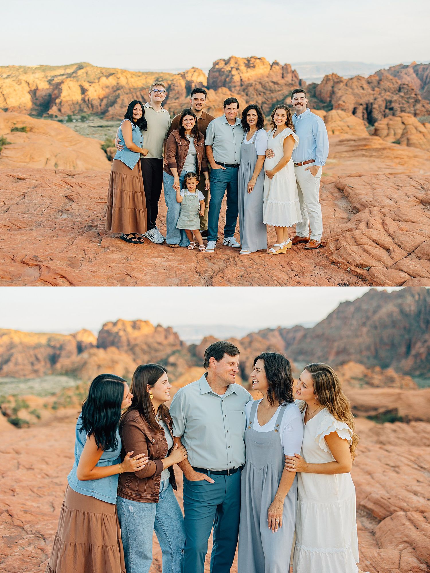 Group photo session on red rock formations in Valley of Fire State Park during golden hour sunset lighting.