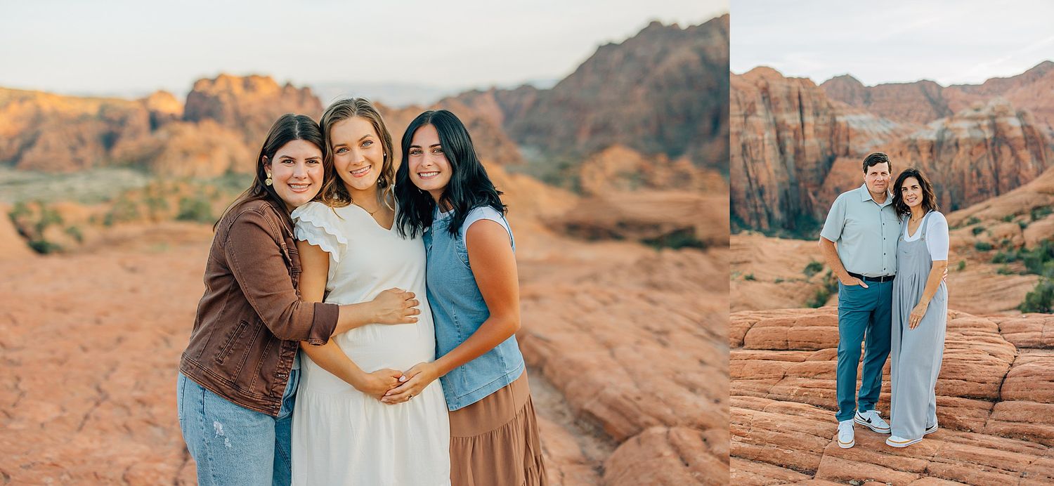 A group in coordinating blue outfits poses together against the scenic red rock formations of Arches National Park.