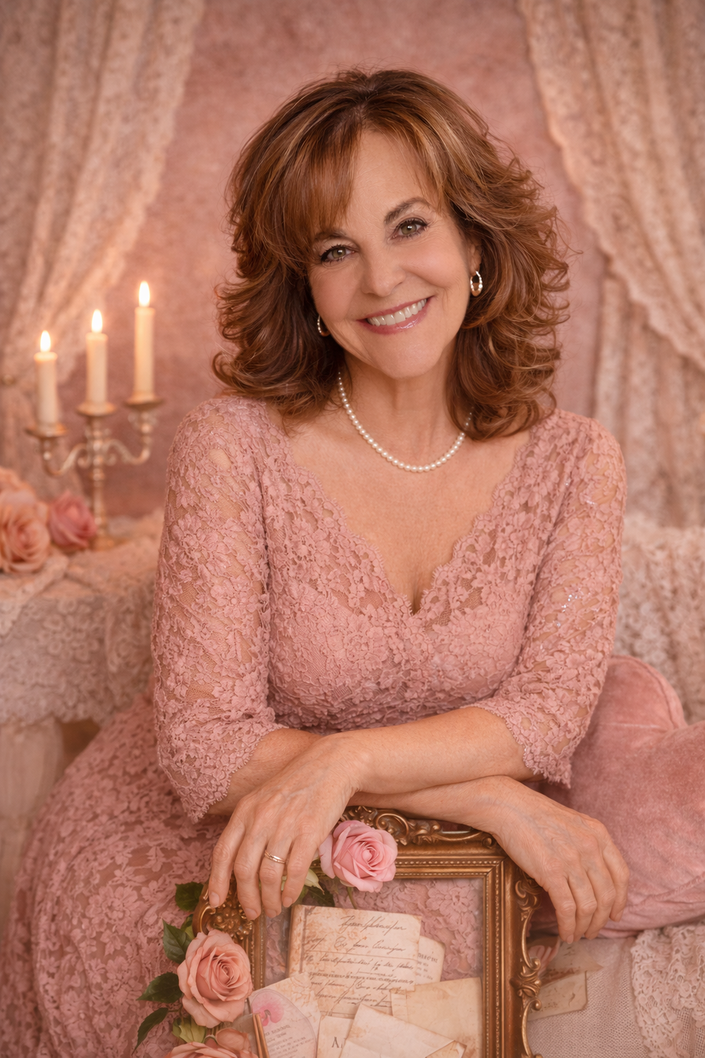 Elegant boudoir photoshoot with soft pink lace dress and roses in romantic candlelit setting.