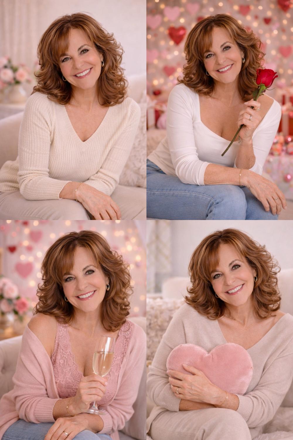 Professional portrait photos featuring warm lighting, soft pink floral backdrop, and cozy white and pink sweaters.