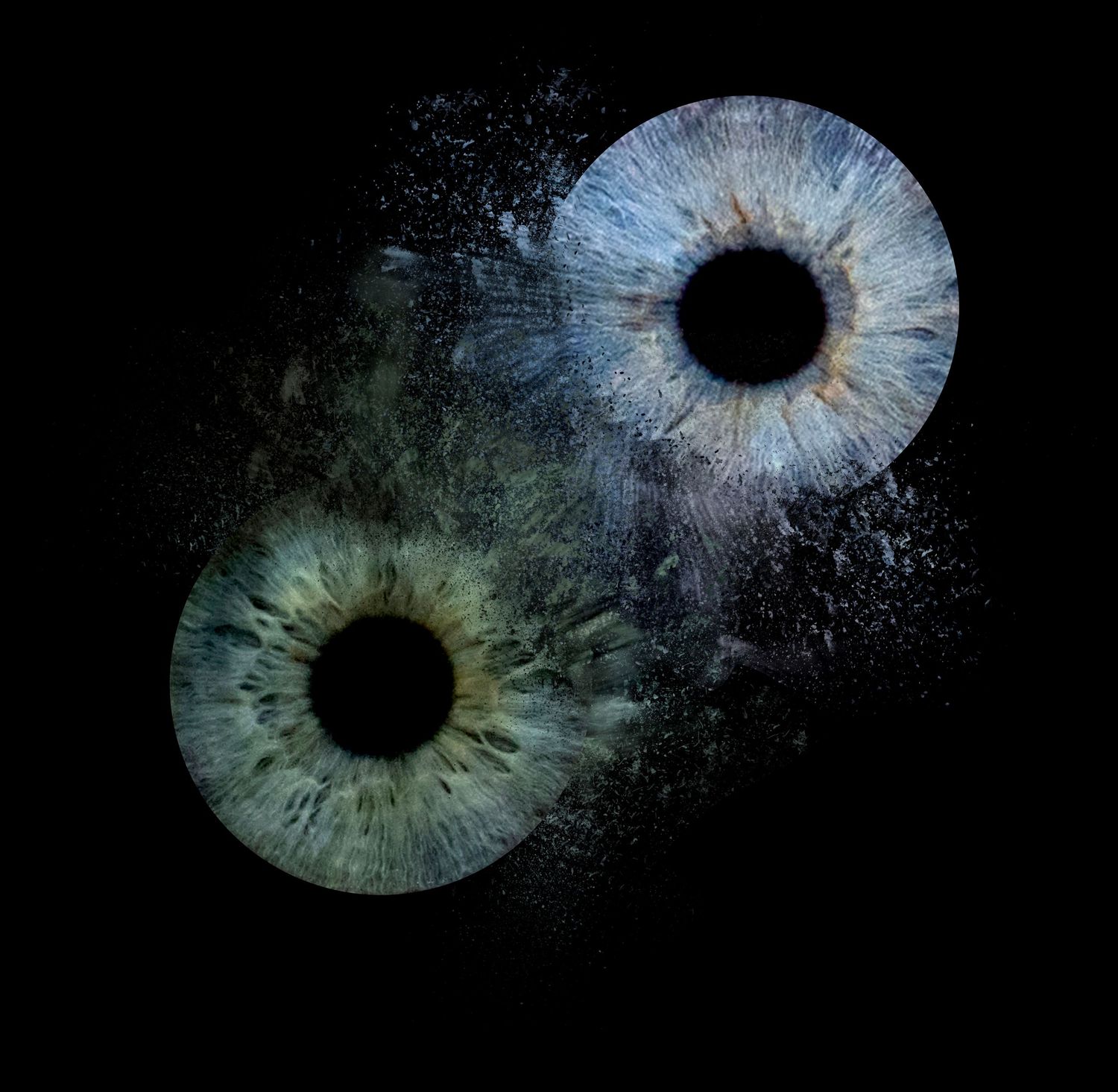 A sequence of cosmic-inspired eye iris photographs in blue and gold tones against a dark background with sparkling effects.