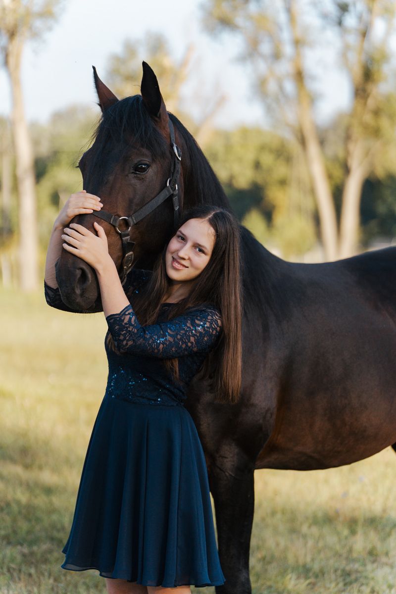 A woman in a navy blue dress shares tender moments with a dark brown horse in a sunlit outdoor setting photoshoot in sydney