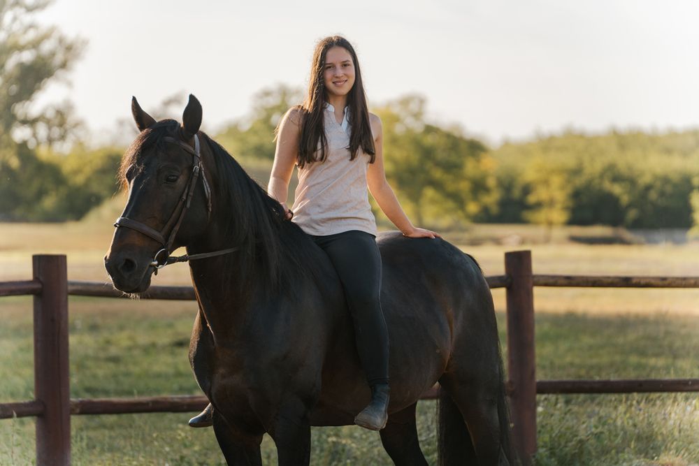 A rider on horseback practices equestrian training in a fenced outdoor arena at sunset photoshoot in sydney