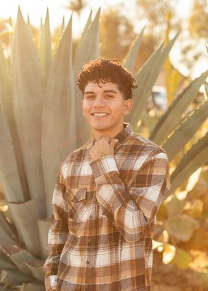 A portrait in a plaid flannel shirt against desert plants during golden hour.