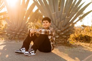 Someone sits casually against large agave plants during sunset wearing a plaid shirt.