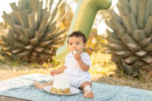 Baby in white outfit enjoying birthday cake while sitting on blanket near agave plants.