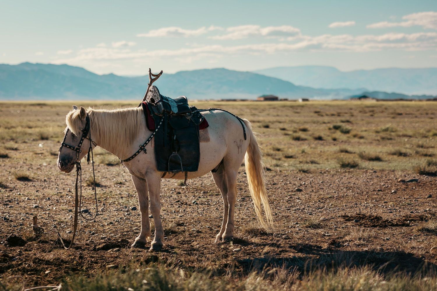 Horseback riders traverse a scenic mountain trail at sunset with dramatic clouds overhead.