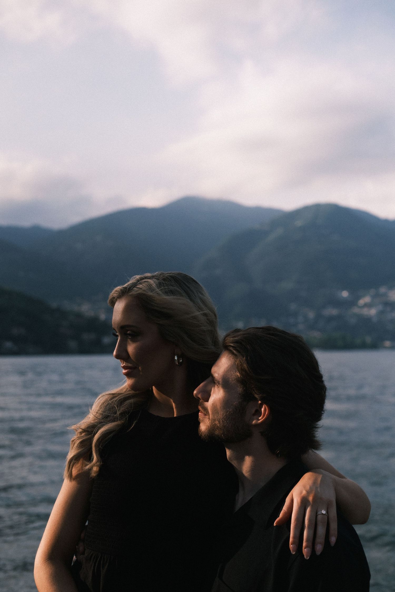 Intimate Couple Embrace Lake Como Scenic Sunset