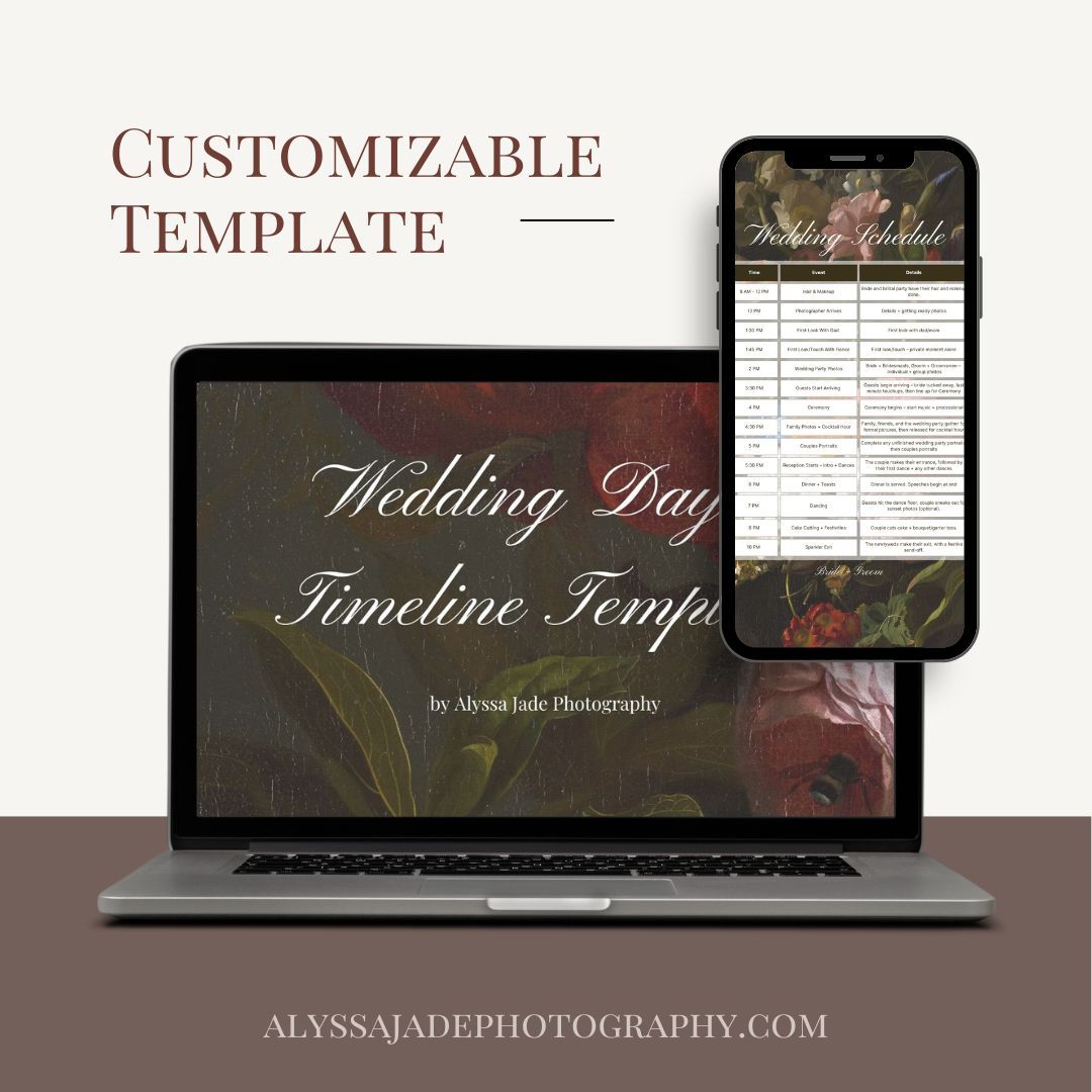 Customizable wedding budget tracker template displayed on laptop and phone by Alyssa Jade Photography.