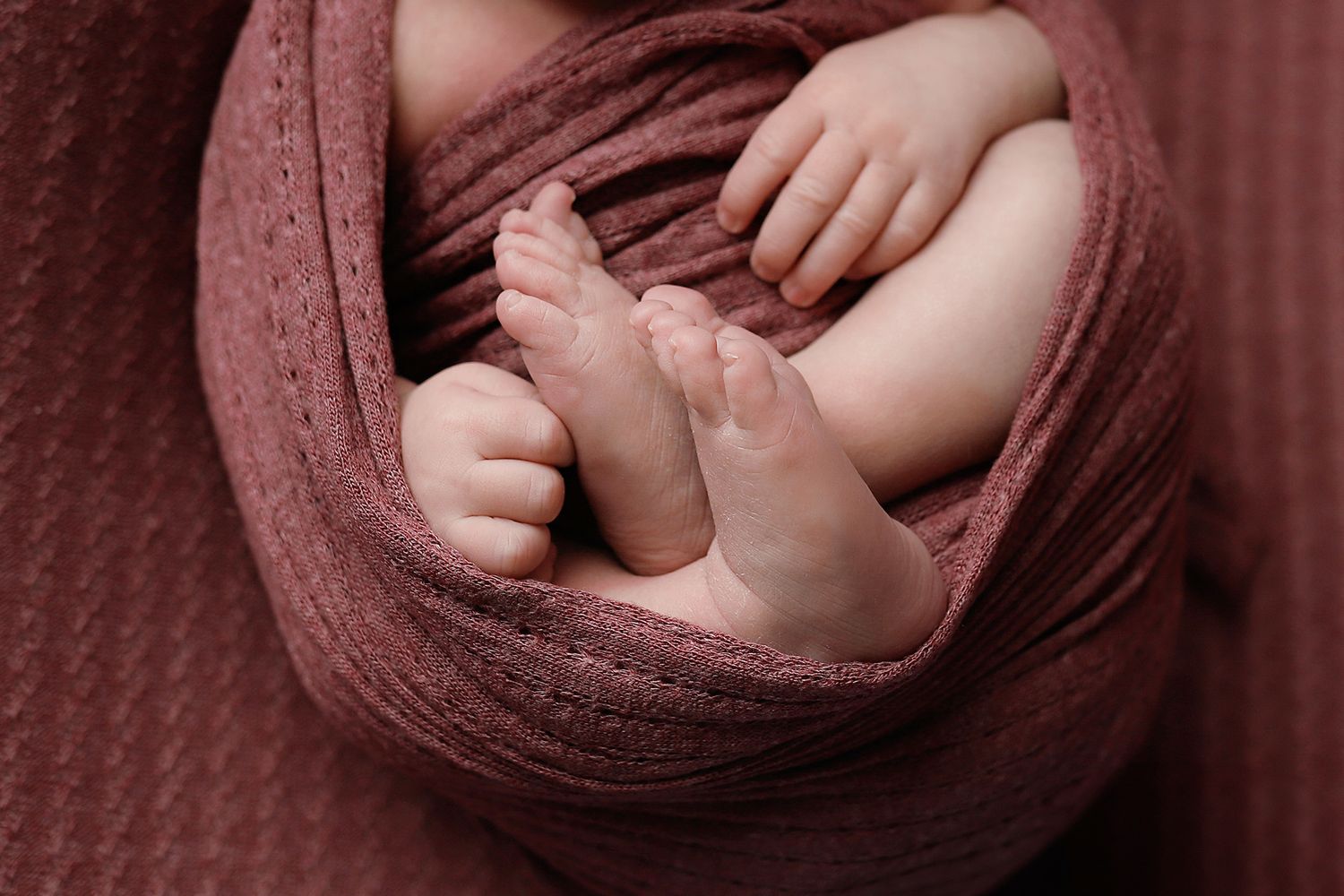A series of tender close-up photos showing newborn baby feet and hands wrapped in soft burgundy fabric.