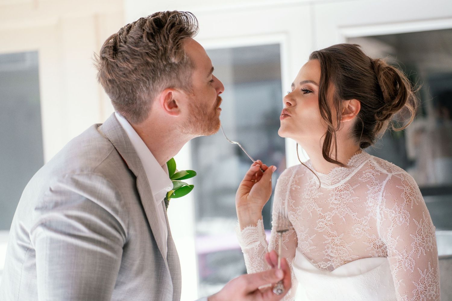 A romantic wedding photo collage showing intimate moments between a couple in elegant attire.