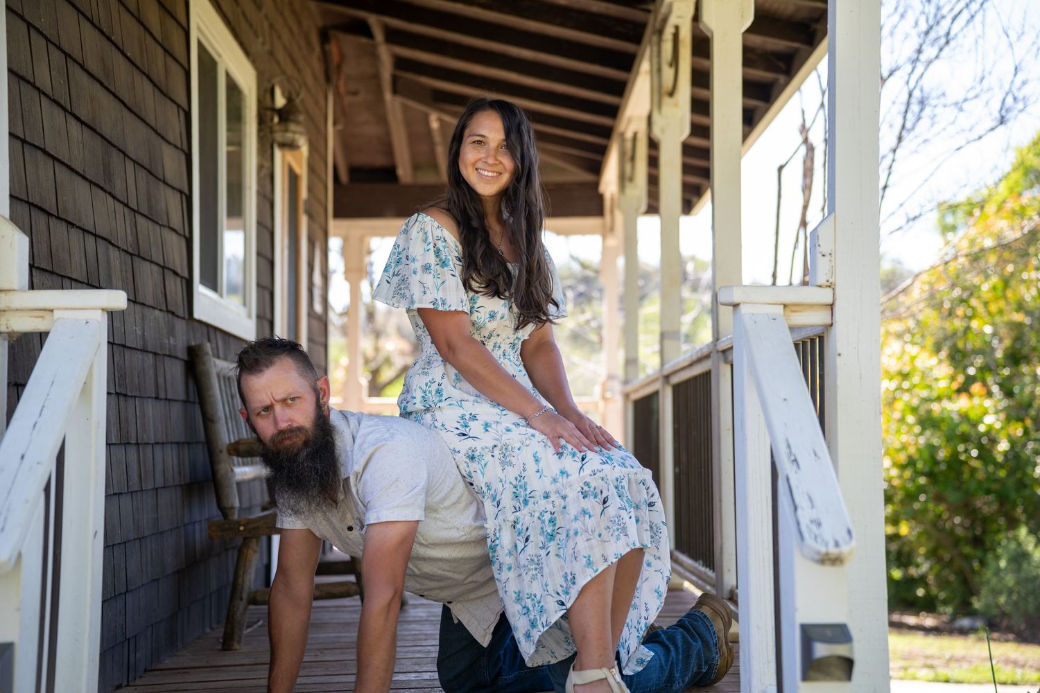 A series of casual outdoor portraits showing people interacting and posing on a covered porch with natural lighting.