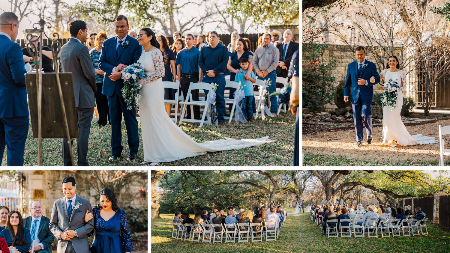 Outdoor wedding ceremony with bride walking down aisle among seated guests beneath tall trees.