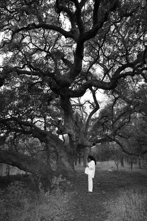 A figure in white stands beneath sprawling oak trees in a moody black and white landscape photograph.