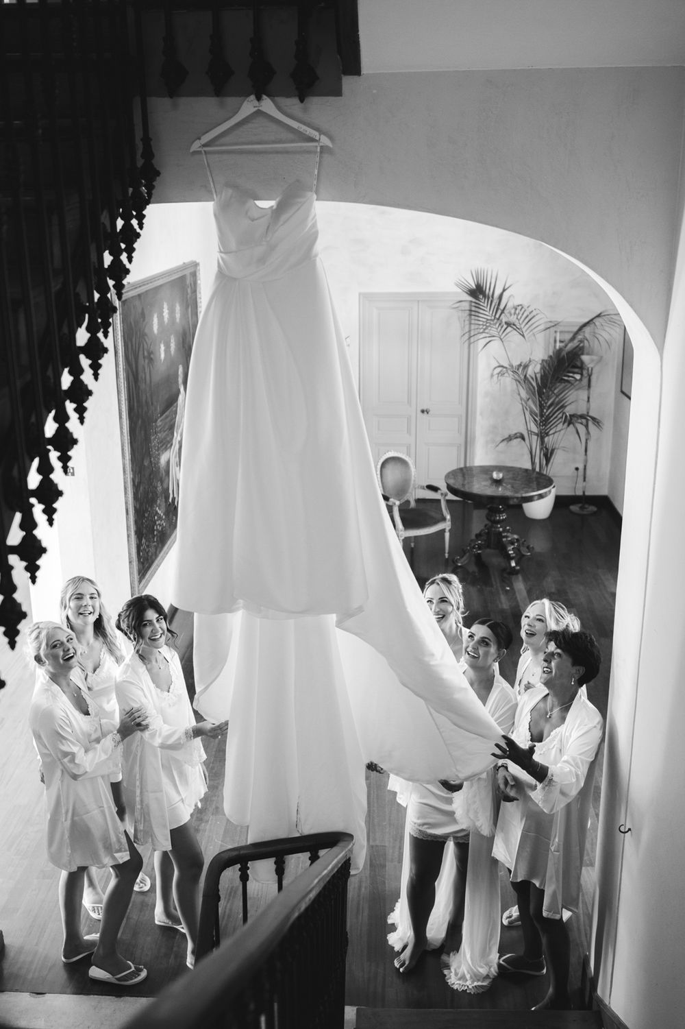A wedding dress hangs in the historic Villa Nobel in Sanremo.