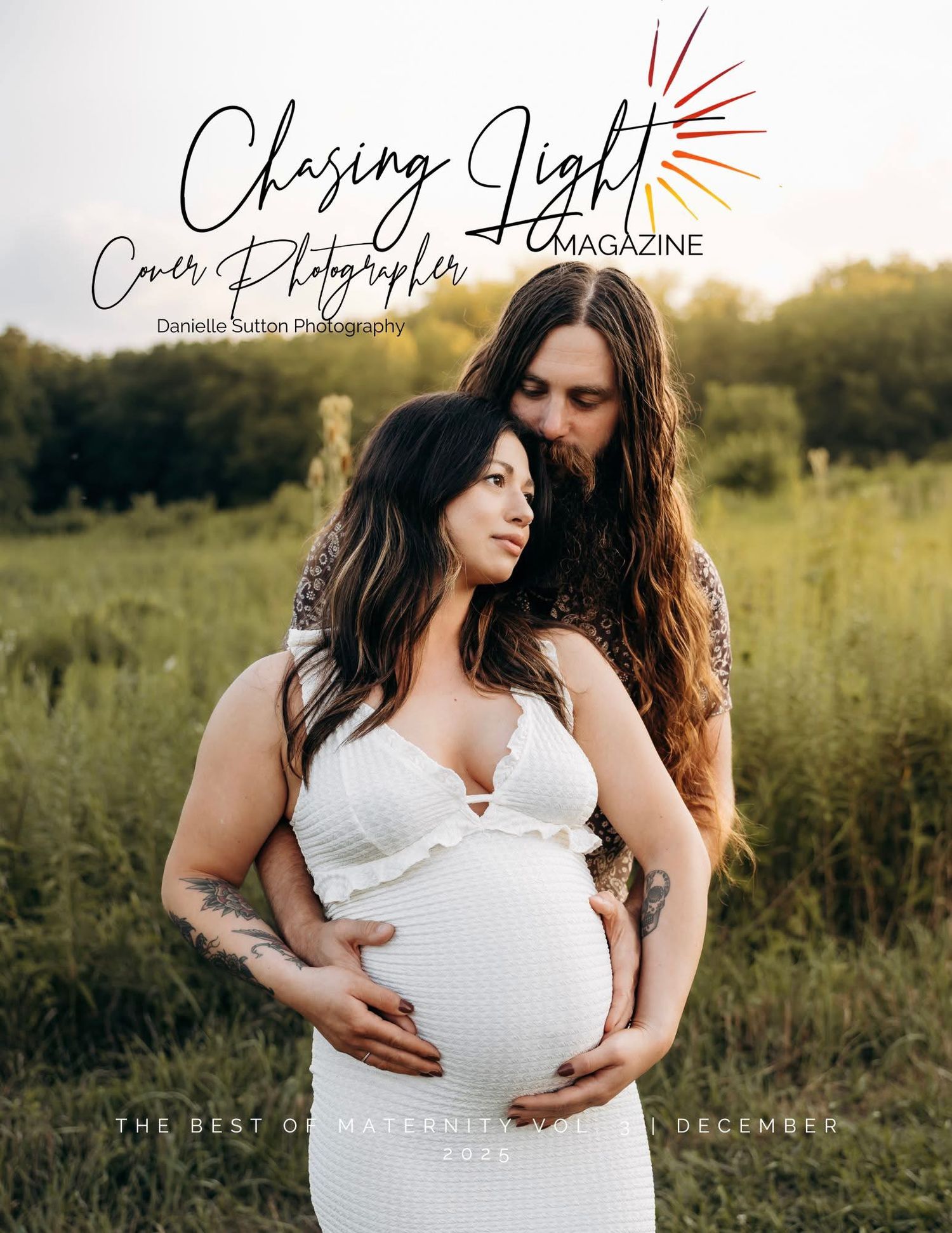Chasing Light Magazine cover featuring pregnant couple embracing in green meadow at sunset.