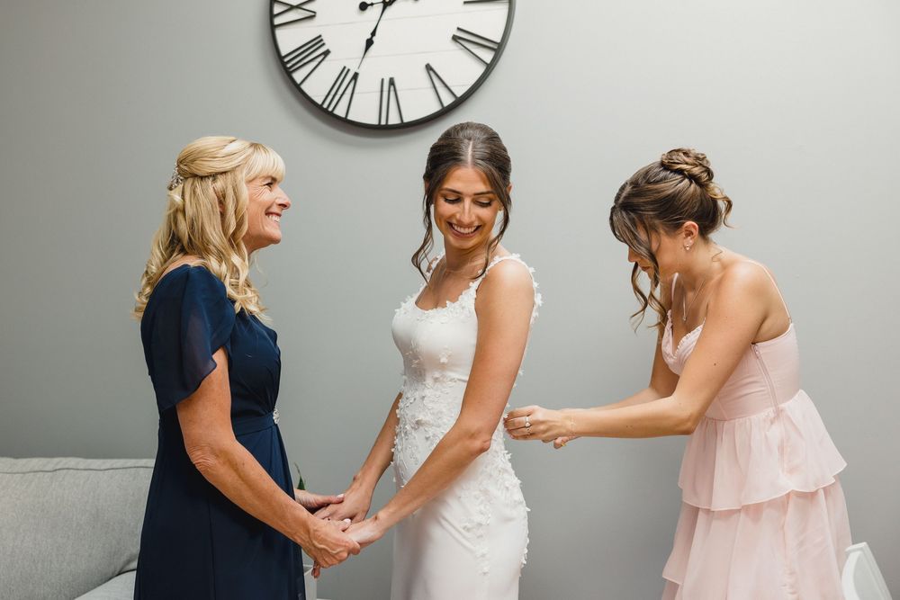 A sequence of candid wedding photos showing joyful moments and interactions between people in formal attire.