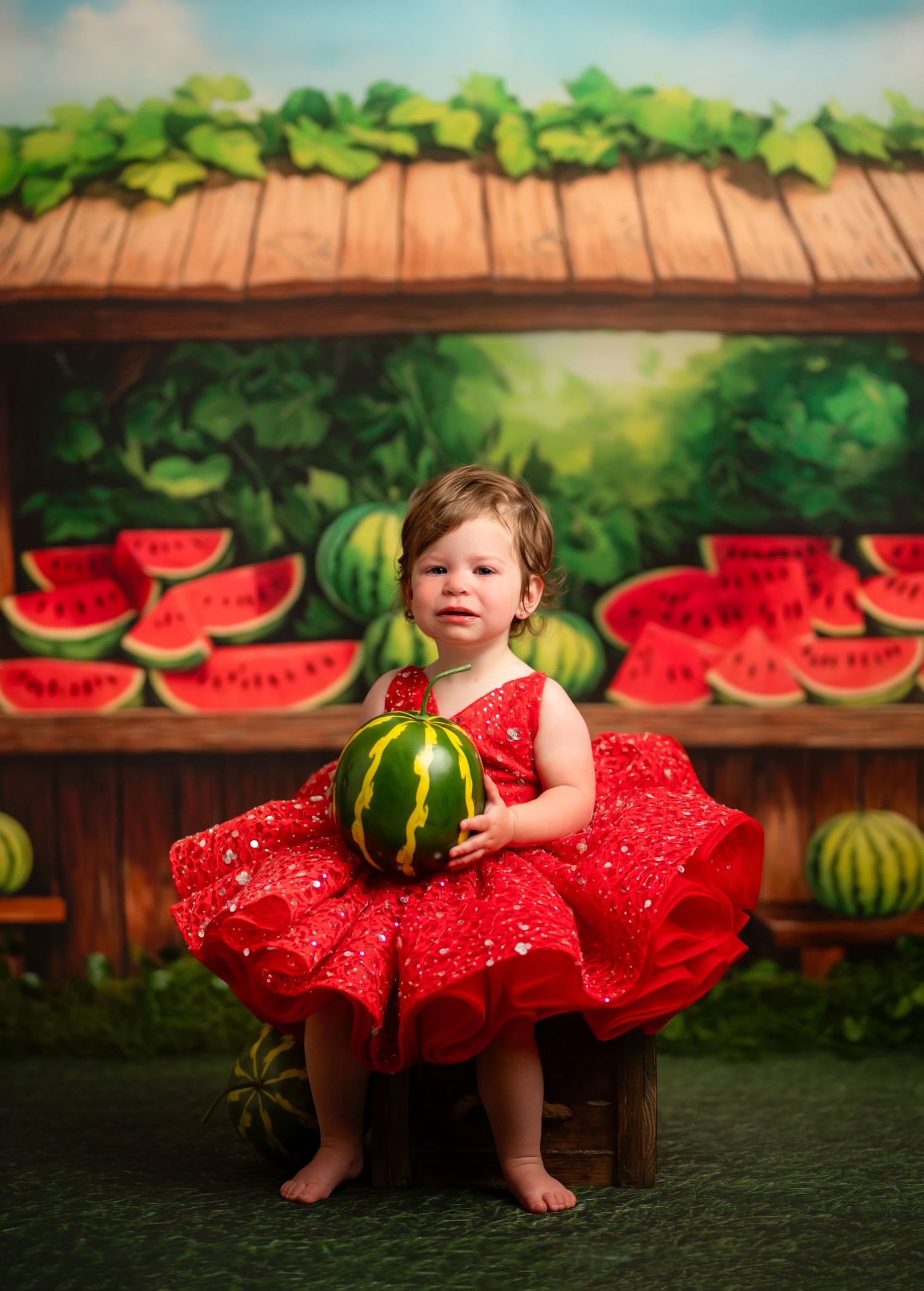A series of watermelon-themed summer photos showing a red dress against a rustic wooden backdrop with painted watermelons.