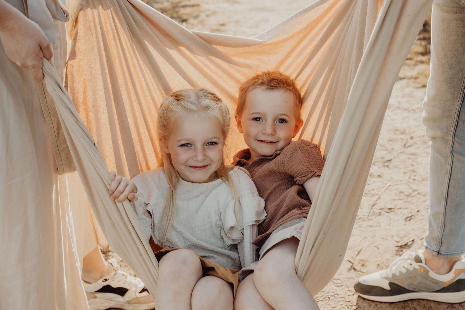 A collection of images showing neutral-toned clothing and fabrics in a lifestyle photography setting.