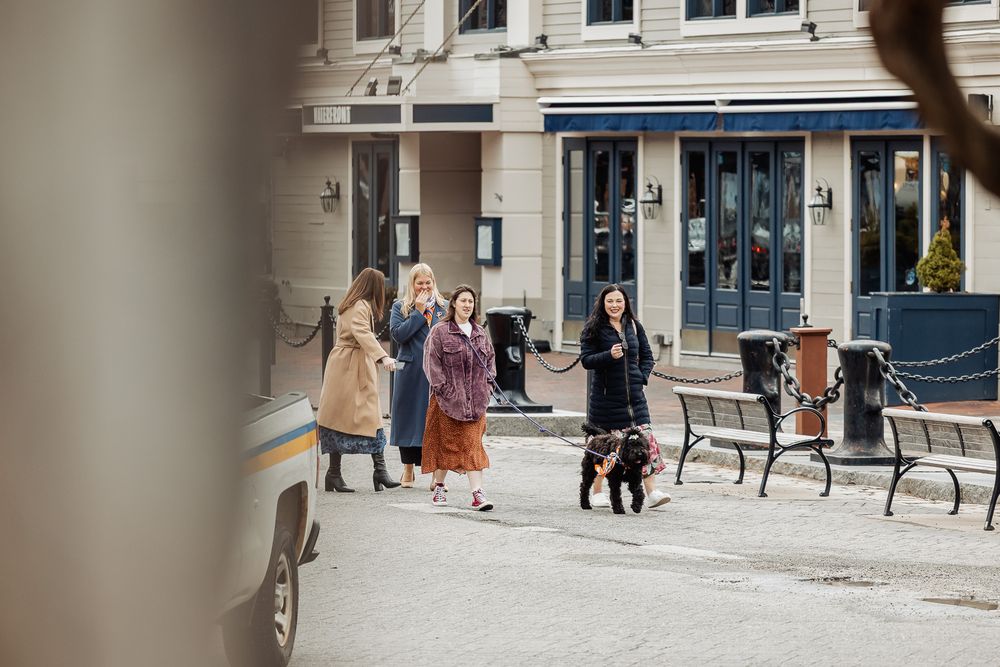 Women socializing on a city sidewalk while one holds a small black dog on a leash near a brick building.