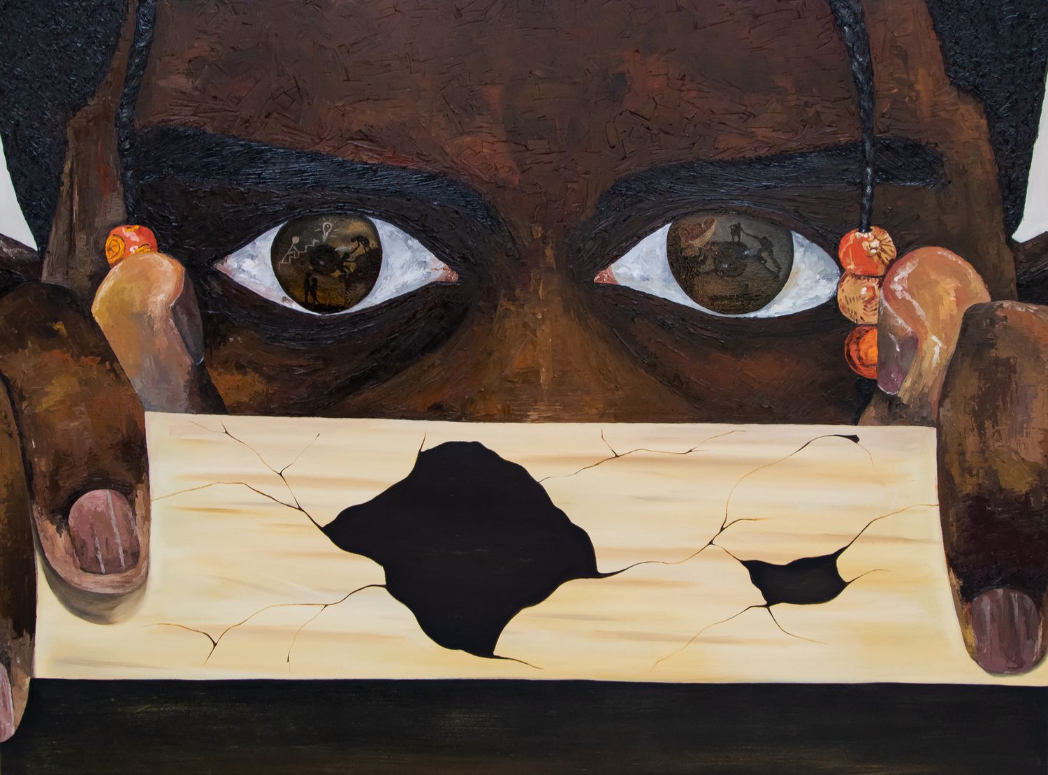 Mixed-media artwork depicting intense eyes peering over a cracked wooden board with hands.