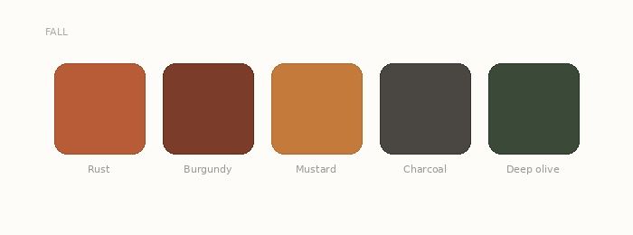 A row of five earth-toned color swatches showing warm brown, rust, tan, olive and forest green shades.