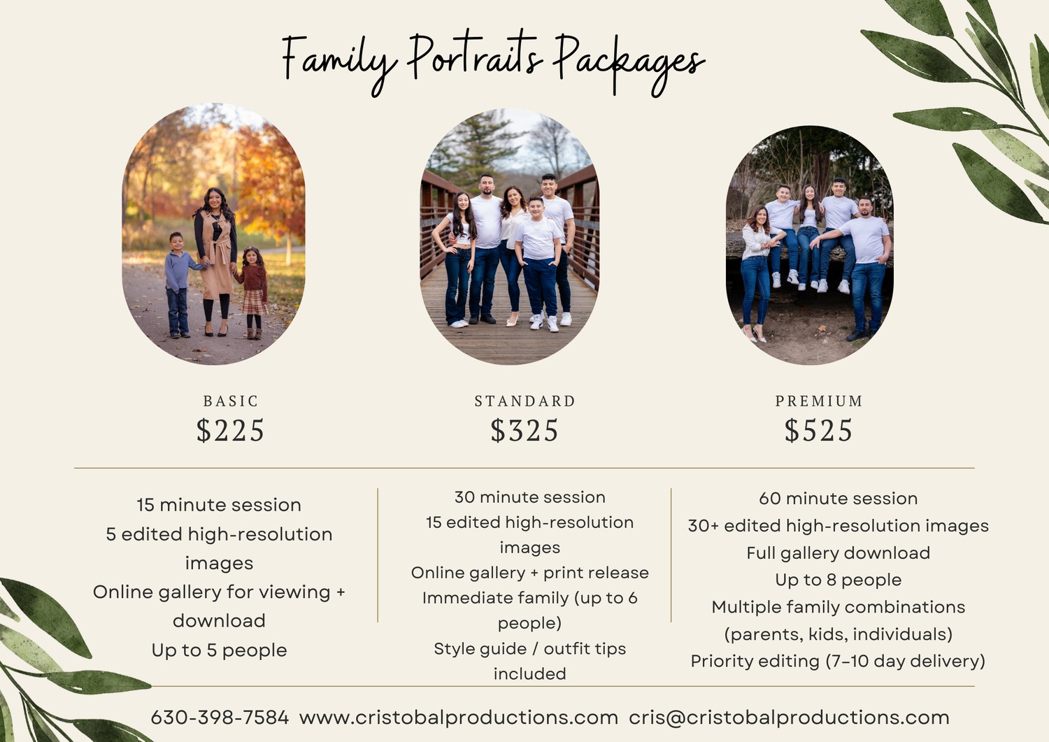 Photography pricing menu displaying three family portrait package options with sample images and pricing details on a nature-themed layout.