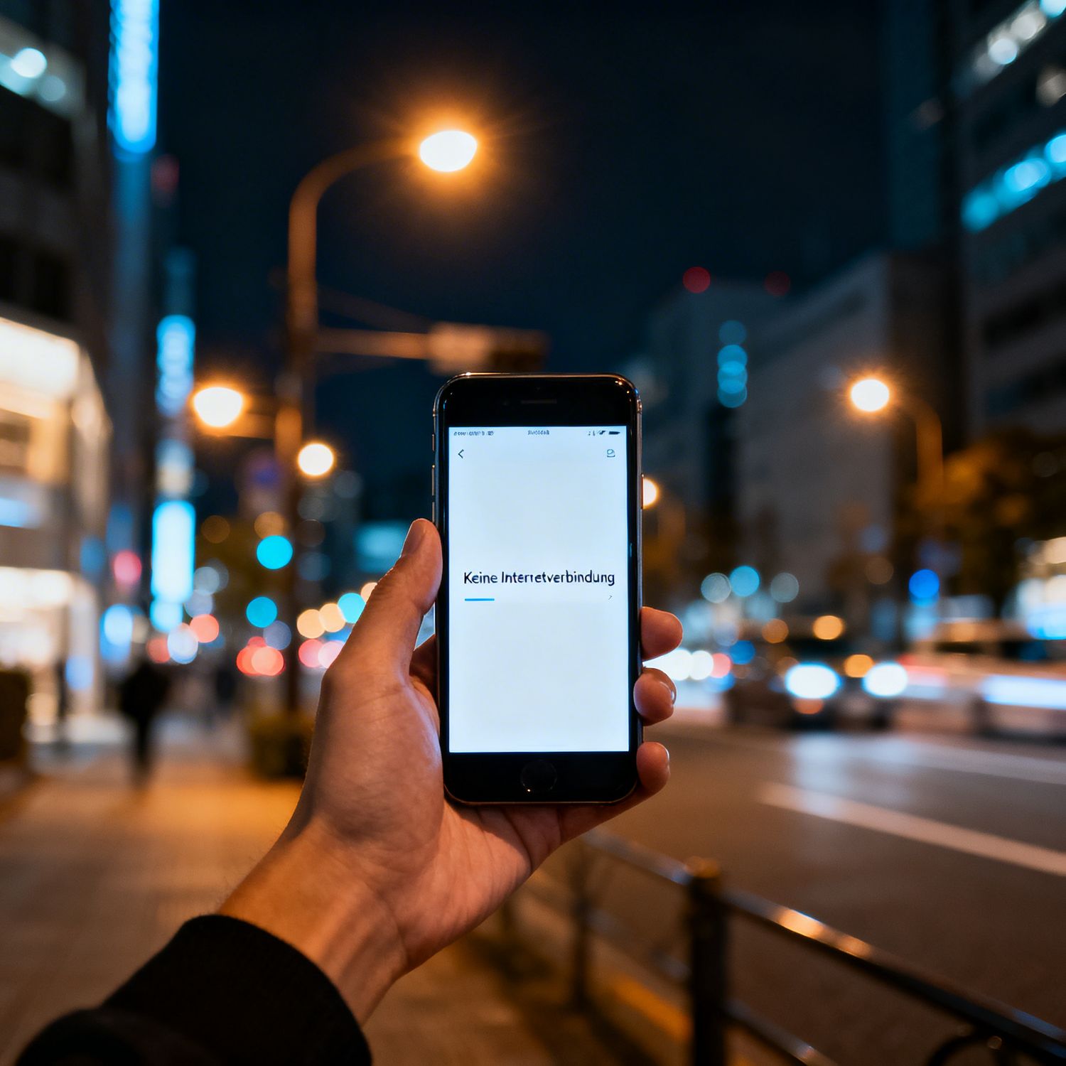 Hand holding smartphone displaying app interface on city street at night with bokeh street lights in background.
