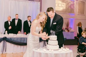 A newlywed couple cuts their elegant three-tiered white wedding cake together at their wedding reception.