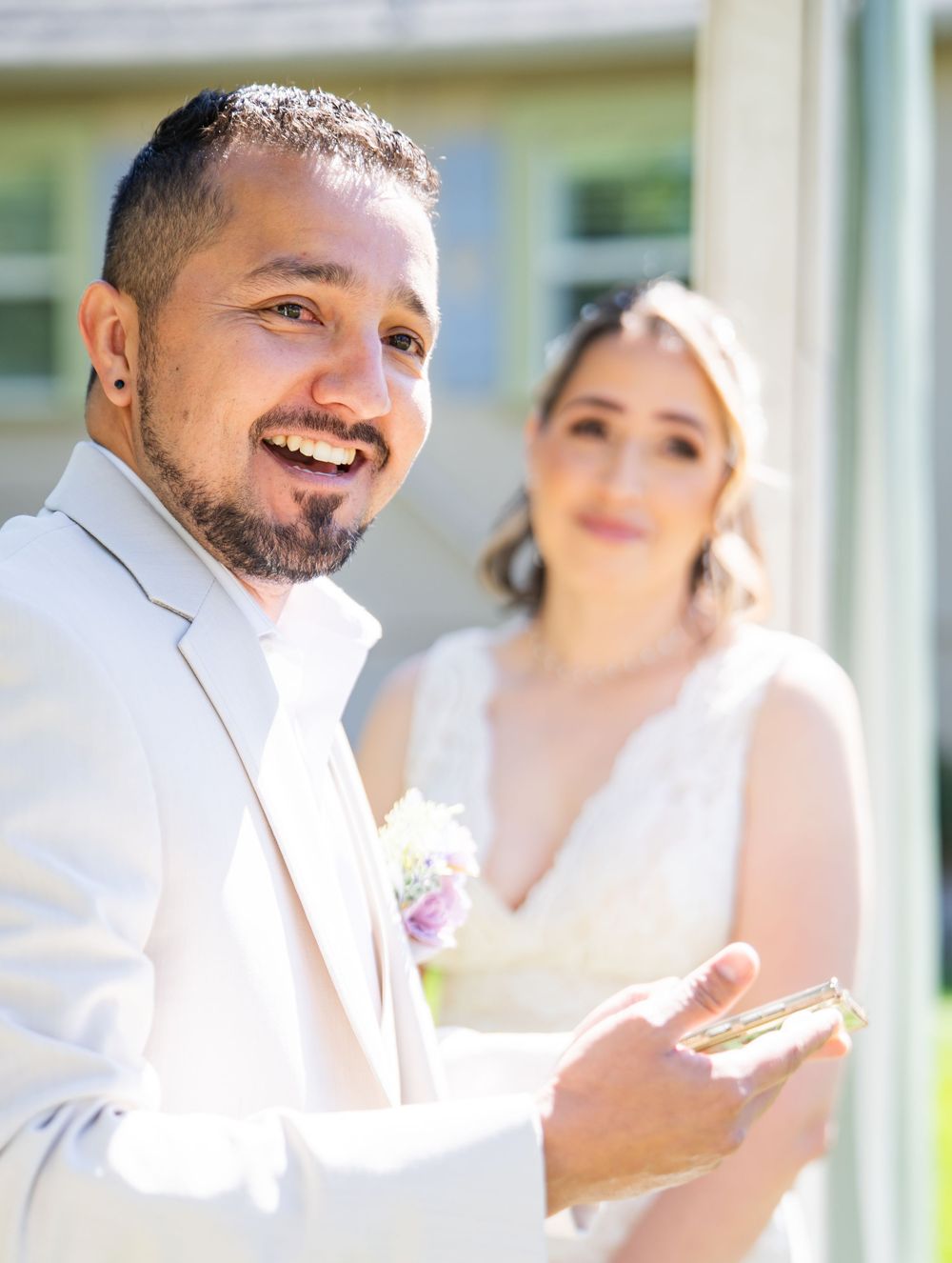 A sequence of candid wedding moments between a couple enjoying a light-hearted conversation outdoors.