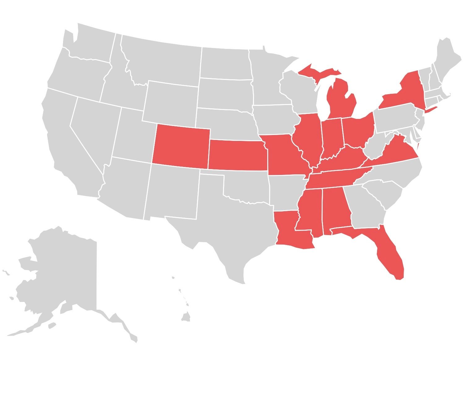 A map of the United States highlighting several states in red across the southeastern and midwestern regions.