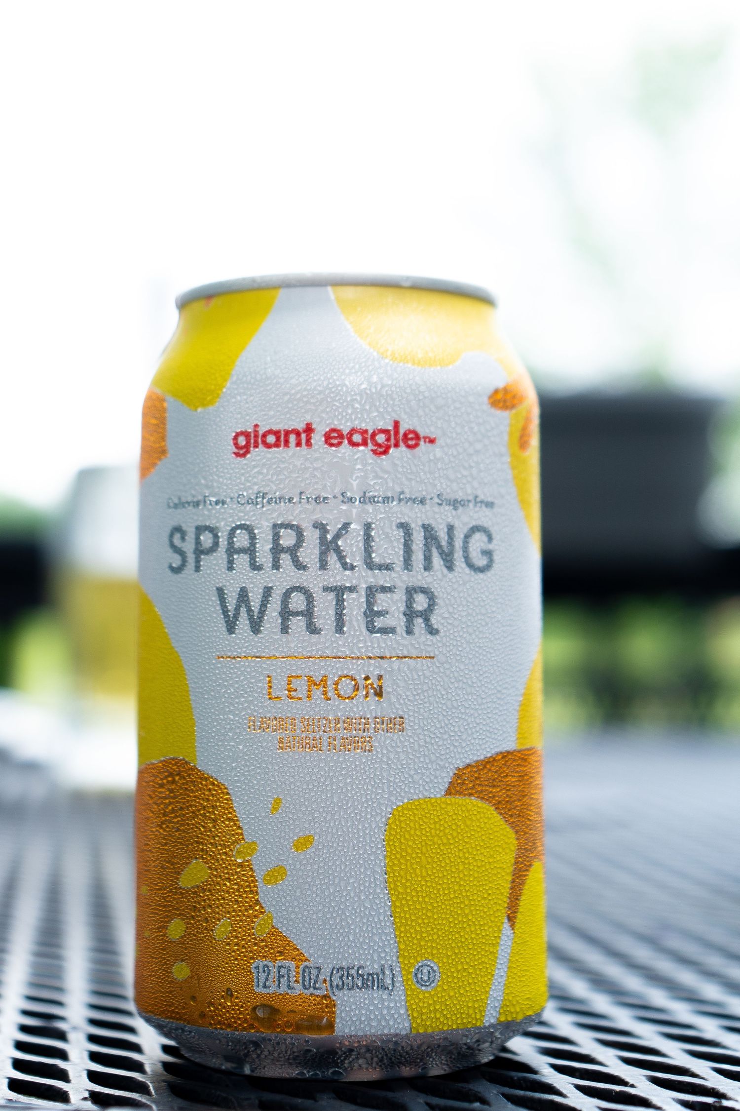 Giant Eagle branded sparkling water cans with lemon flavor sitting on a mesh surface.