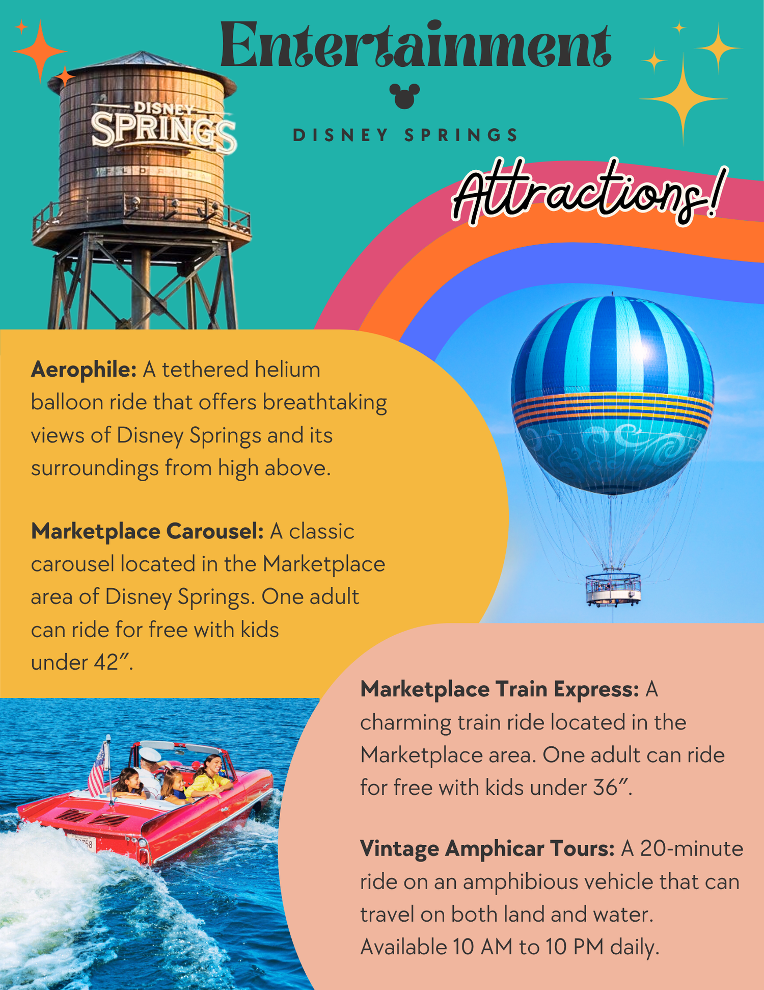 Illustrated guide showing Disney Springs entertainment attractions and experiences with colorful icons and text descriptions.