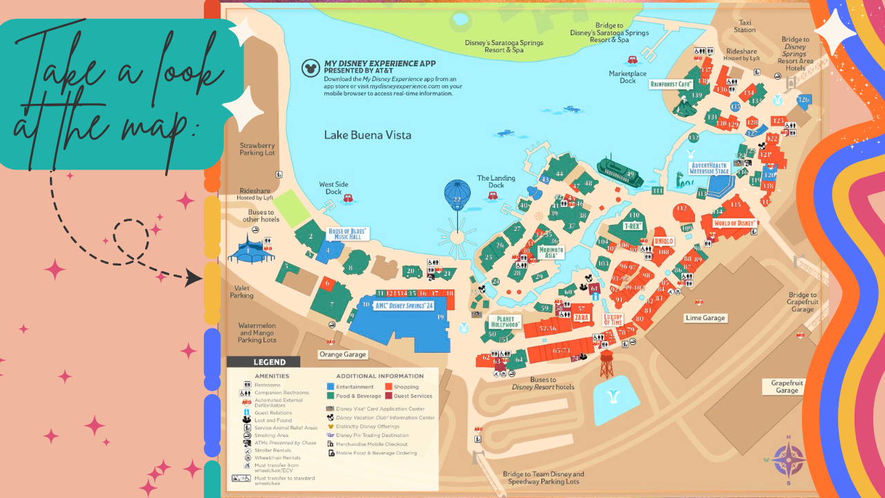 Detailed map layout of Disney Springs showing restaurants, shops and entertainment locations around the waterfront.