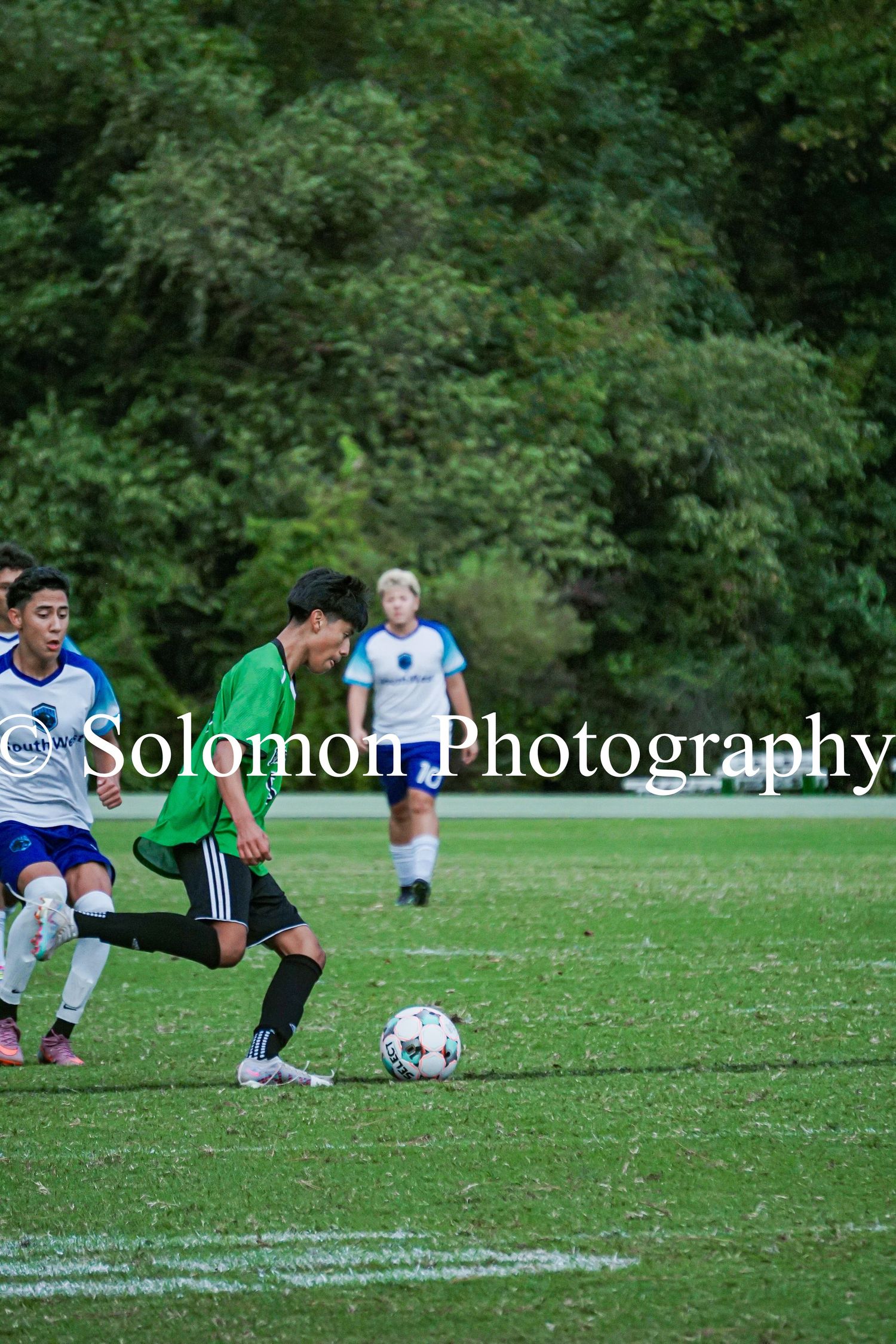 Soccer players in green and white jerseys compete for ball on grass field.