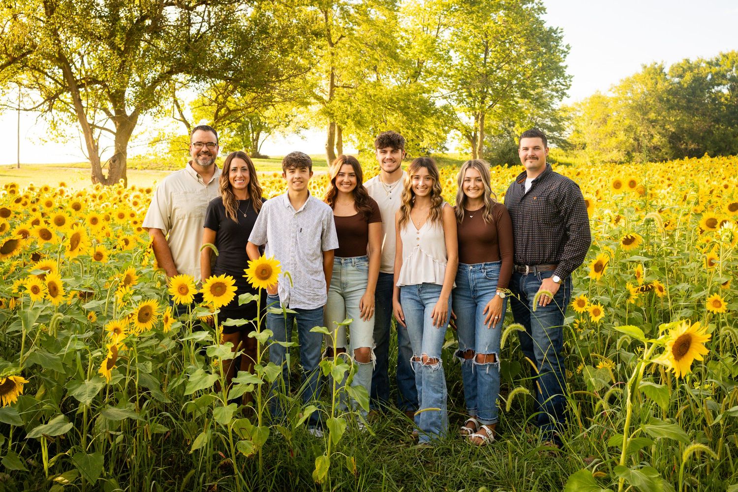 Glowing family photo session at sunset in a vibrant sunflower field creating a panoramic series of candid moments.