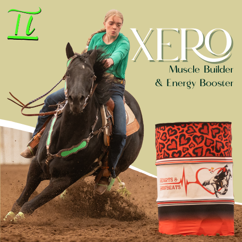 Marketing image showing a horse rider in green on black horse with Xero muscle builder supplement product packaging.