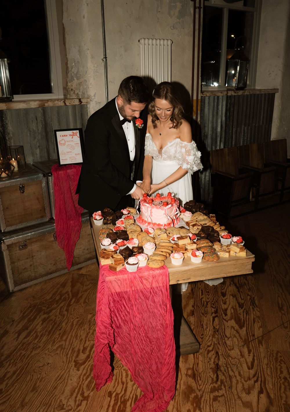 Wedding cake by Sugar Sparrow surrounded by brownies and blondies, styled and captured editorially at Holmes Mill by Manchester wedding