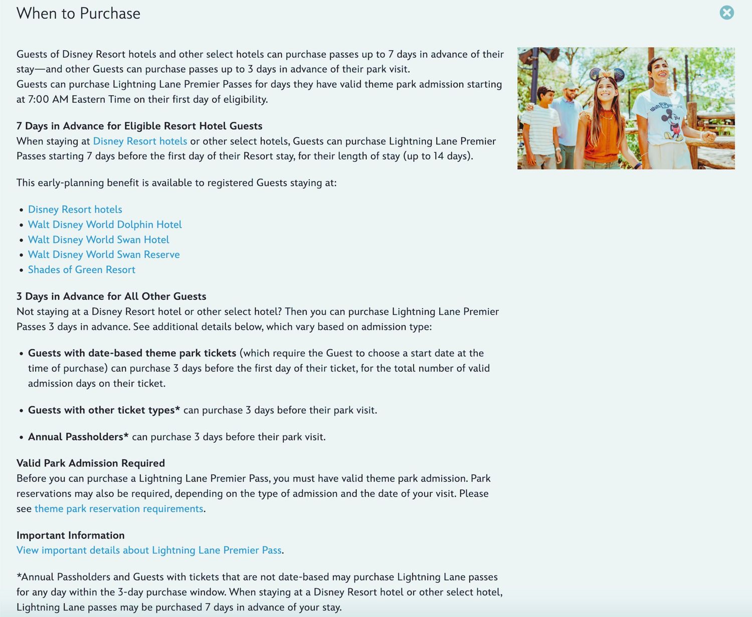 Disney park guide explaining when to purchase Lightning Lane passes with colorful illustrations.