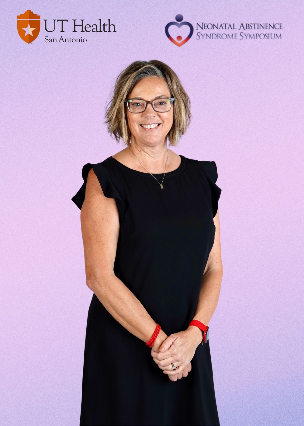 Professional headshot of presenter in black sleeveless dress against purple background with UT Health and symposium logos.