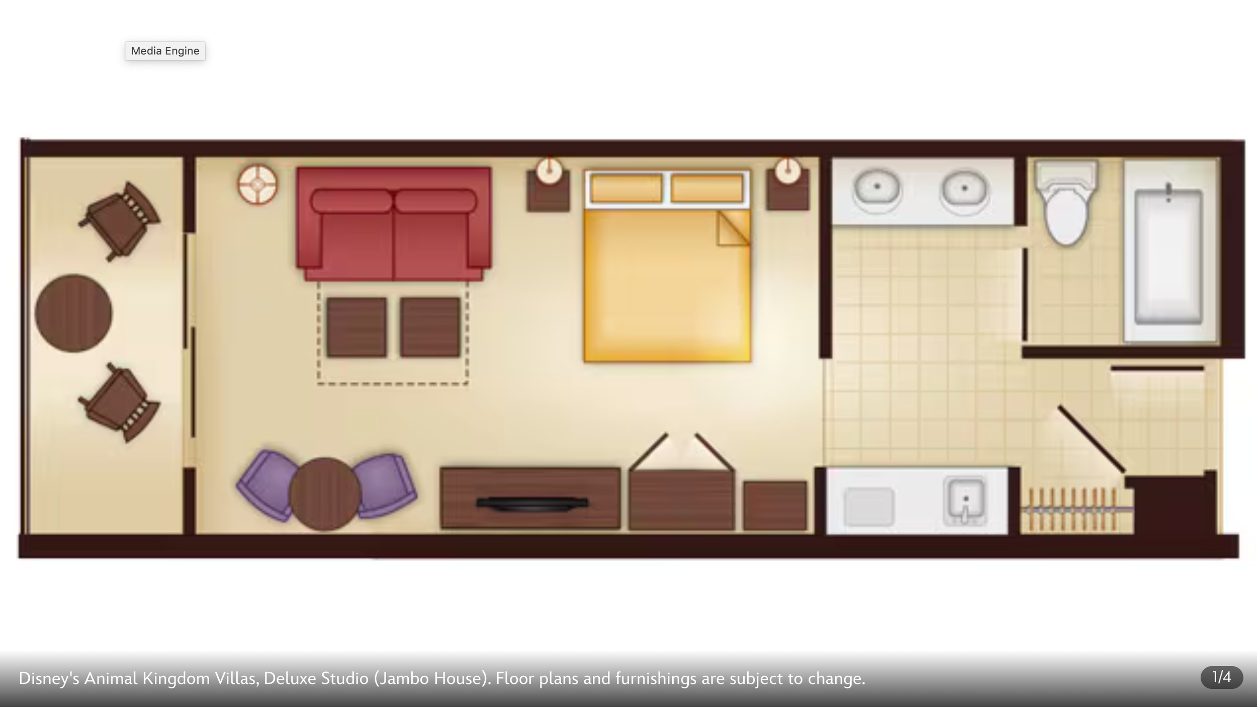 Extended floor plan diagram of Disney resort rooms with furniture and amenity layouts.