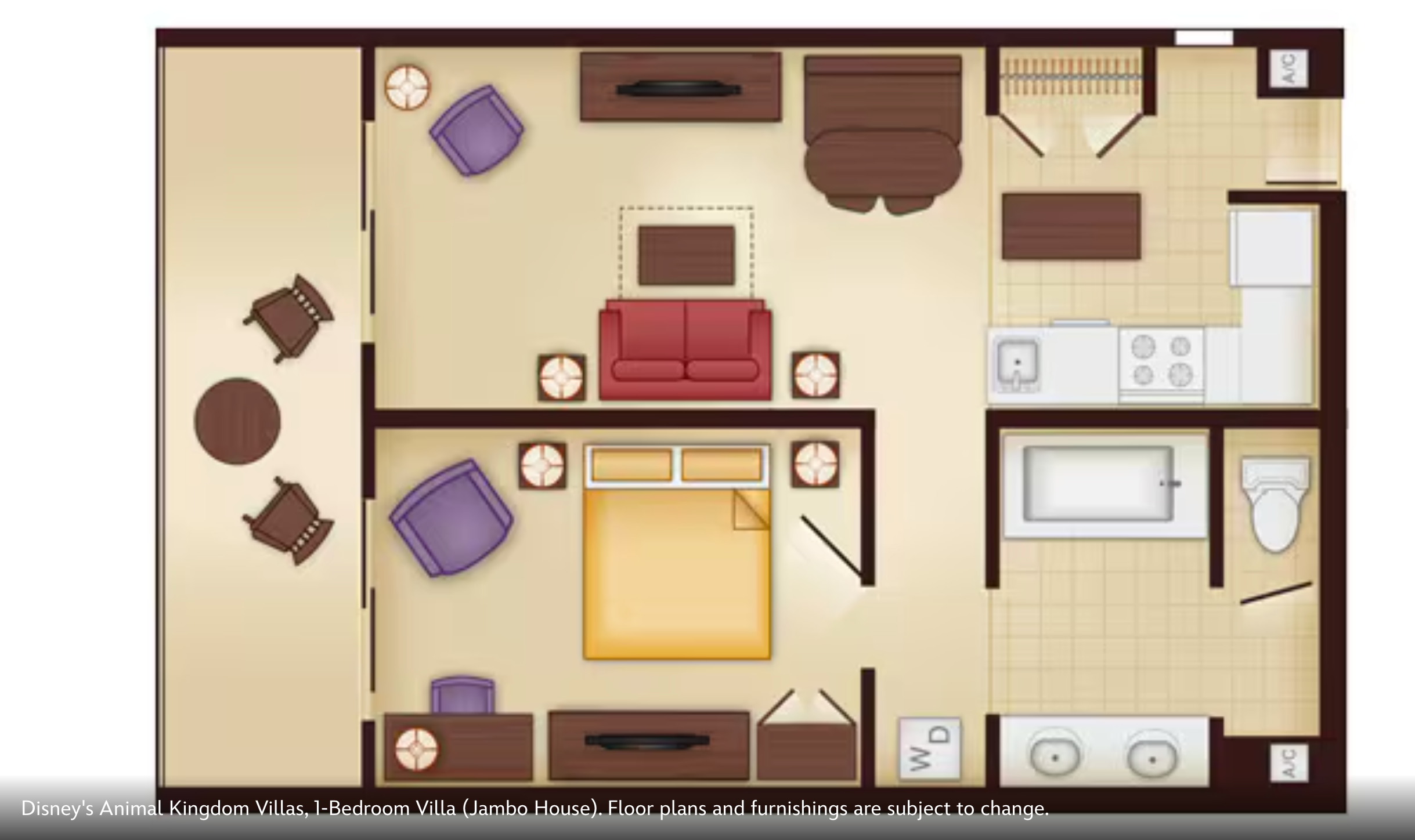 Floor plan layout of Disney villa accommodations showing room arrangements and furniture placement.