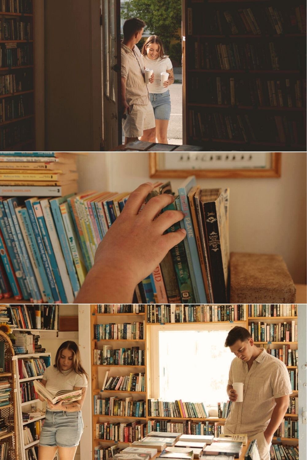 Sunrise bookstore portrait session Wolfe Island, ON. Couple surrounded by books in a tiny used book store. Wolfe Island Boat House.