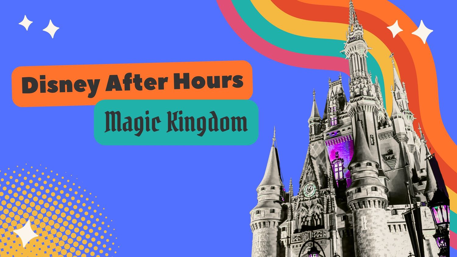 Blue castle silhouettes with rainbow wave pattern and stars.