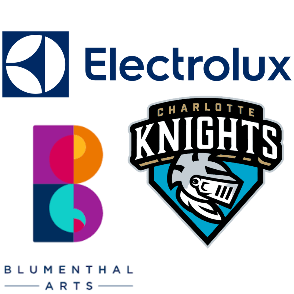Corporate logos for Electrolux, Blumenthal Arts, and Charlotte Knights sports team arranged vertically against white background.