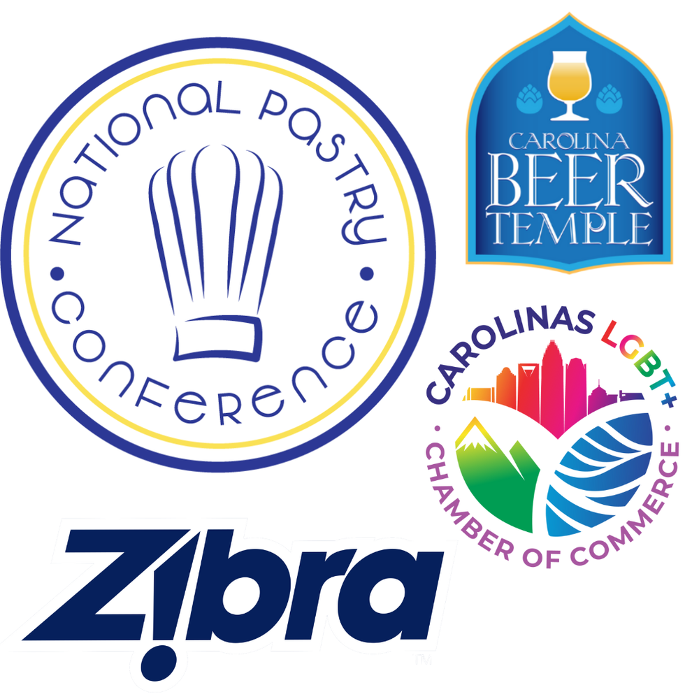 Collection of business logos including National Pastry Conference, Beer Temple, Carolinas LGBT Chamber of Commerce, and Zibra brand.