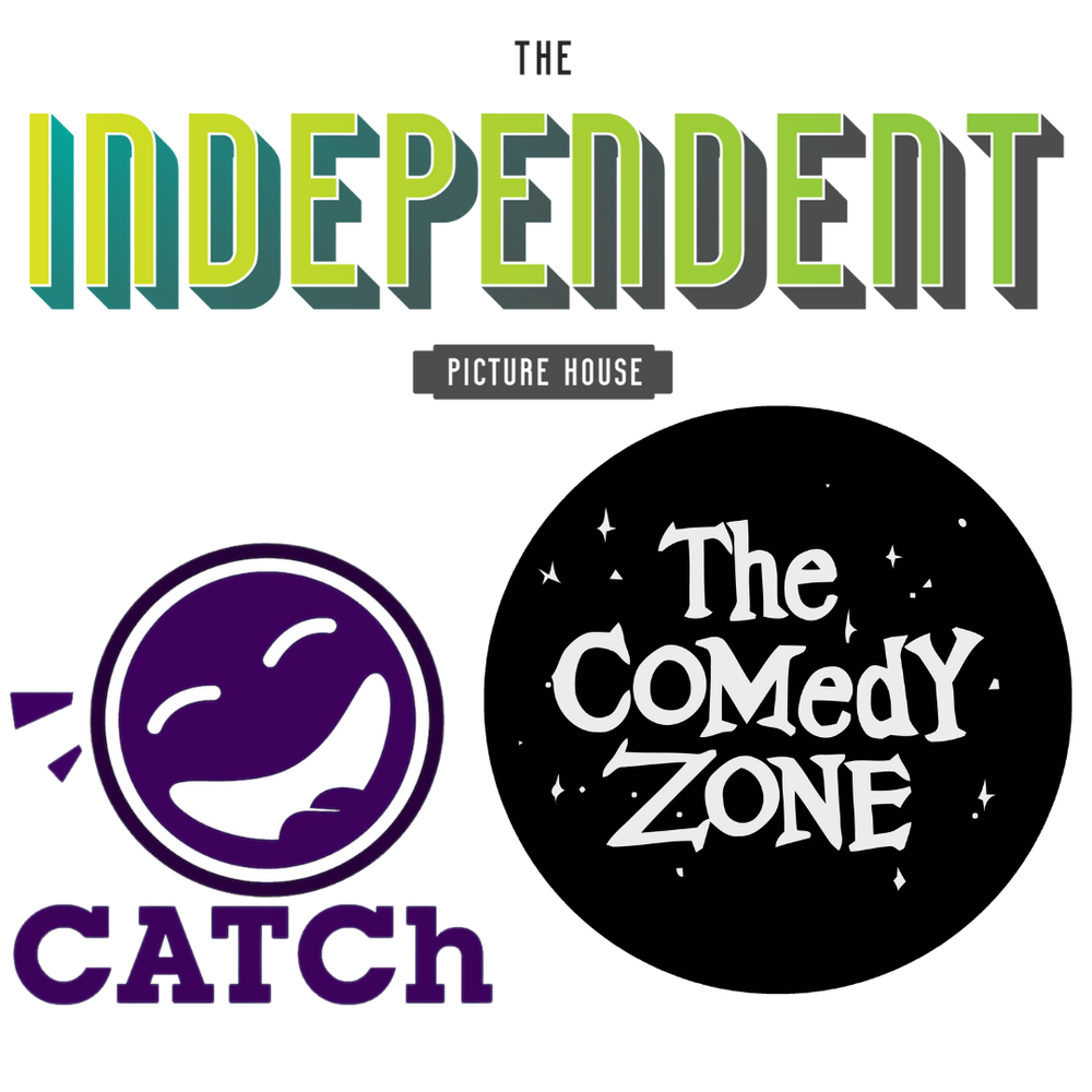 Three movie theater or entertainment venue logos featuring colorful retro designs for The Independent, Catch, and The Comedy Zone.