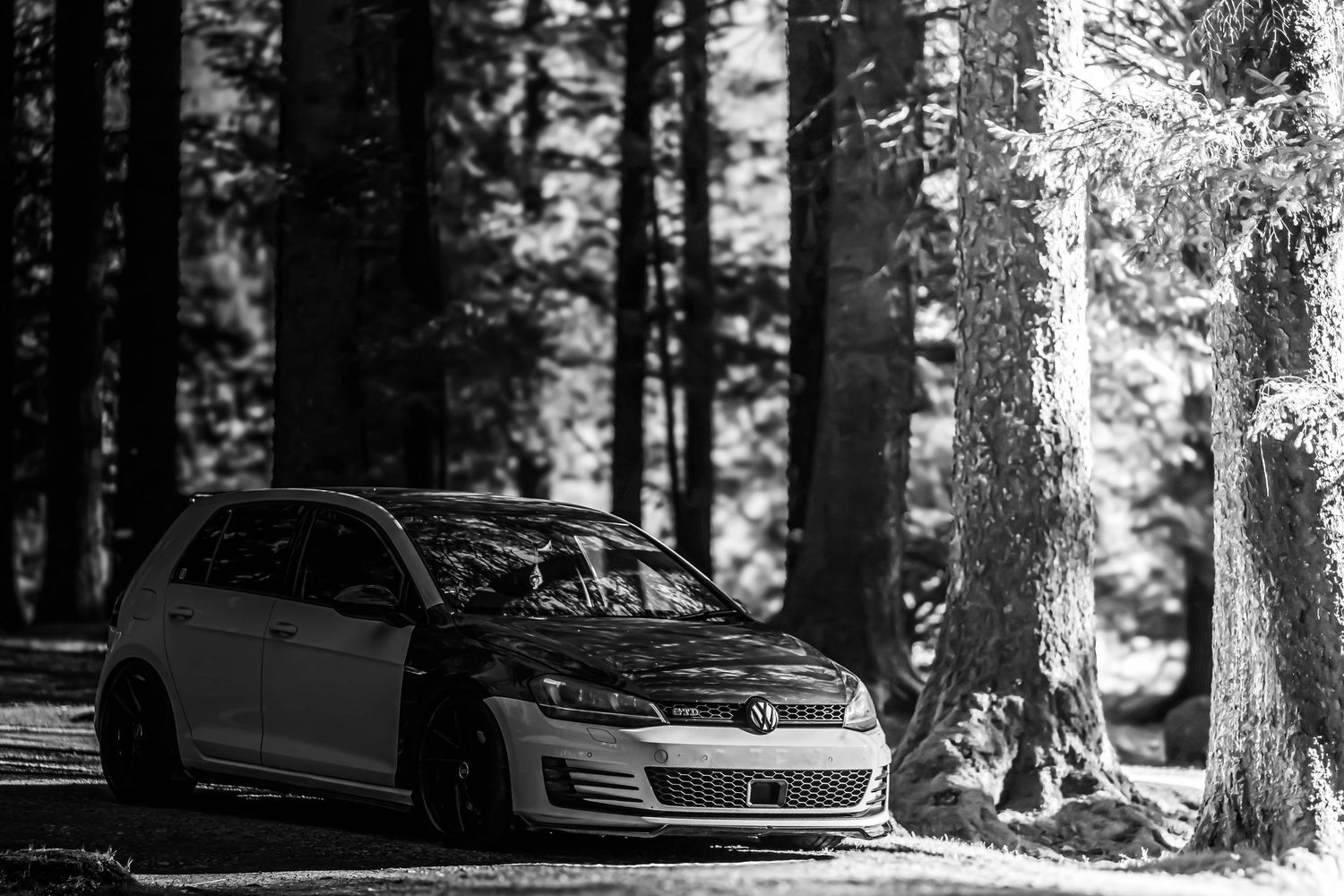 Black and white photograph of a lowered Volkswagen GTI parked in a forest setting.