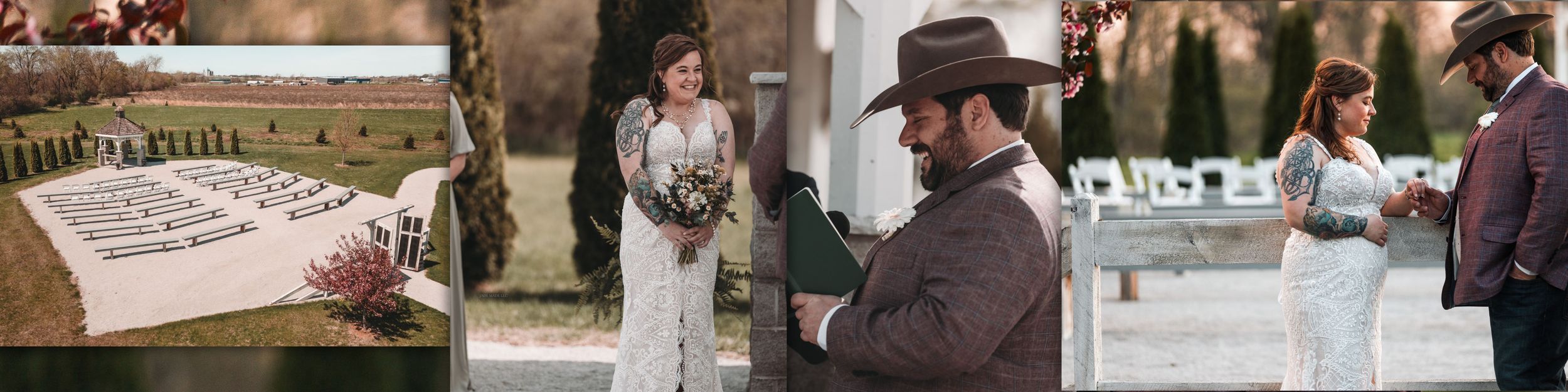 A charming rustic country wedding setup features vintage seating and decorations under a wooden pavilion.